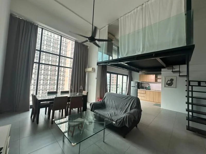 Living features: floor-to-ceiling windows, grey fabric sofa, glass coffee table, dining table with four chairs, ceiling fan, open-plan layout, light grey tiled flooring, curtains, exposed staircase, kitchen area visible in background; style: modern; view: city.