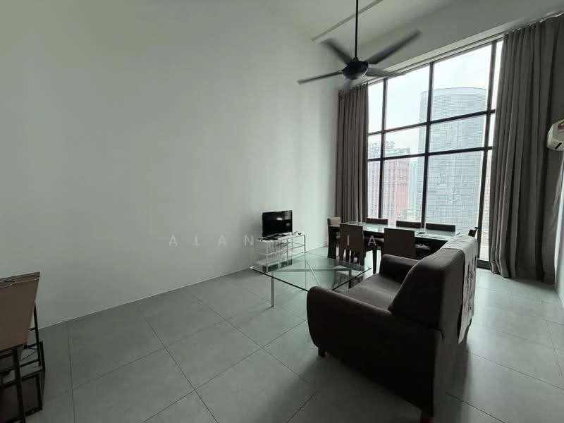 Living features: floor-to-ceiling windows, grey tiled flooring, 5-blade ceiling fan, sofa in brown, glass coffee table, TV console, wall-mounted TV, dining table with chairs, curtains in beige; style: modern; view: city.