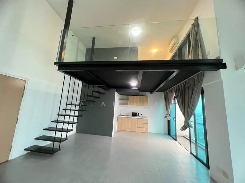 Living features: open-plan layout, large floor-to-ceiling windows, grey tiled flooring, black metal staircase, glass railing on loft, wooden cabinetry in kitchen area, white walls, recessed lighting, air conditioning unit; style: modern; view: city.