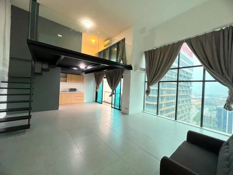 Living features: large floor-to-ceiling windows, grey tiled flooring, open-plan layout, black staircase, recessed ceiling lights, curtains in light brown, air conditioning unit, view of city skyline; style: modern; view: city. Kitchen features: wood cabinetry, microwave, open kitchen layout, white countertops, stainless-steel appliances; style: modern.