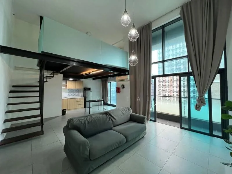 Living features: sofa in light grey fabric, large floor-to-ceiling windows, curtains in light grey, pendant lights with glass shades, open-plan layout, tile flooring in light grey, staircase with wooden steps, exposed ceiling beams, kitchen area visible in background, balcony access through sliding glass door; style: modern; view: city.
