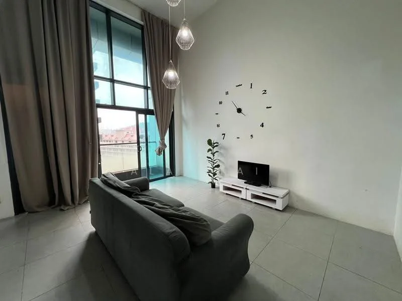 Living features: floor-to-ceiling windows, grey fabric sofa, white TV console, wall-mounted TV, large wall clock, hanging pendant lights, light grey tiled flooring, curtains in beige, indoor plant; style: modern; view: city.