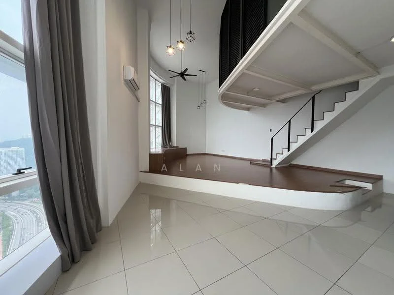 Living features: large floor-to-ceiling windows, grey curtains, 5-blade ceiling fan, recessed downlights, white walls, polished ceramic tile flooring, open layout, staircase with black railing, wooden flooring on upper level, decorative light fixtures; style: modern; view: city.
