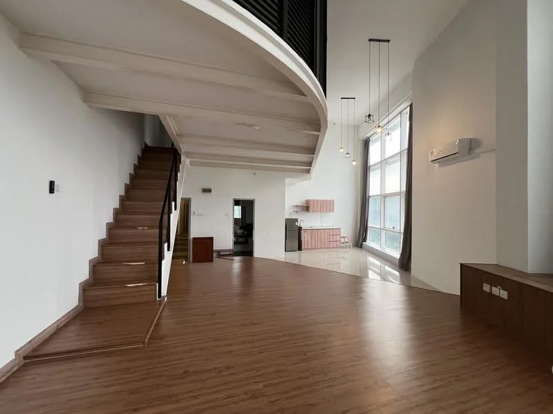 Living features: wooden flooring, high ceiling, large windows, curtains, recessed downlights, staircase, open layout, air conditioning unit, wall-mounted panel, built-in cabinetry; style: modern; view: city. Kitchen features: kitchen cabinets, countertop, sink, stainless-steel appliances, open layout; style: modern.