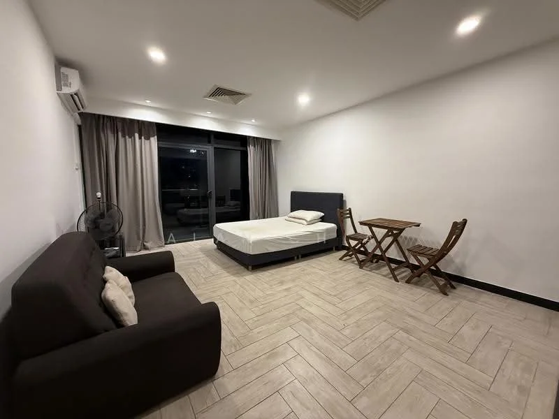Room features: wooden flooring, white painted walls, recessed downlights, floor-to-ceiling windows, grey curtains, sofa in dark brown fabric, wooden dining table with folding chairs, queen-size bed with no bedding, wall-mounted air conditioning unit, ceiling fan; style: modern; view: city.