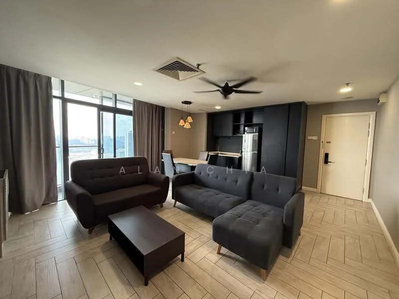 Living features: 2-seater fabric sofa in dark grey, 3-seater fabric sectional sofa in dark grey, coffee table in dark wood, floor-to-ceiling windows, city view, 5-blade ceiling fan with light, recessed downlights, light grey walls, light wood-look tile flooring, curtains in grey, open layout to kitchen, stainless-steel fridge; style: modern; view: city.