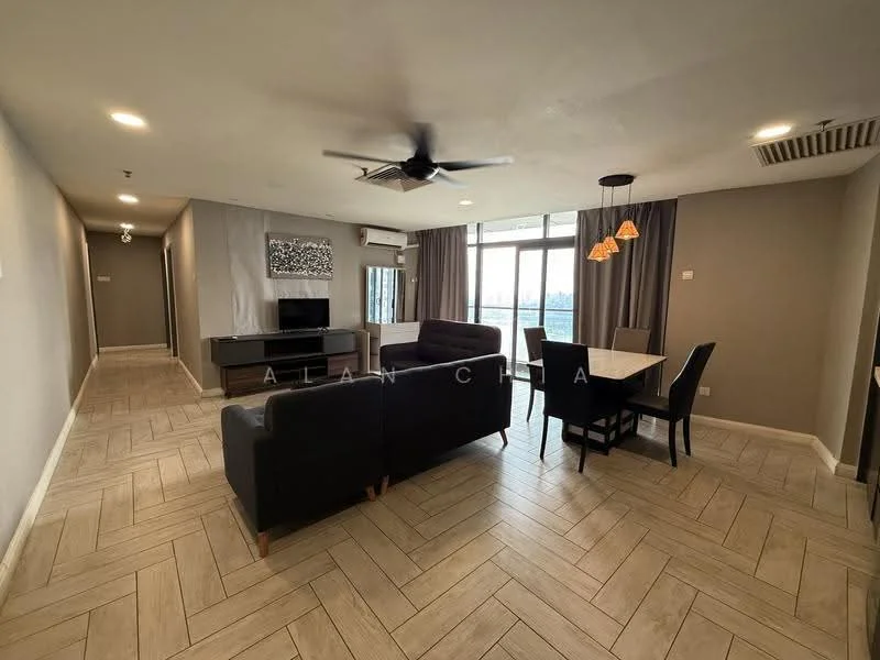 Living features: grey fabric 3-seater sofa, black armchair, wooden coffee table, TV console with wall-mounted TV, ceiling fan with light, recessed downlights, large windows with city view, wooden flooring in herringbone pattern, decorative wall art, curtains, air conditioning unit; style: modern; view: city. Dining features: white dining table for 4, black dining chairs, pendant lighting above dining table, wooden flooring in herringbone pattern; style: modern; view: city.