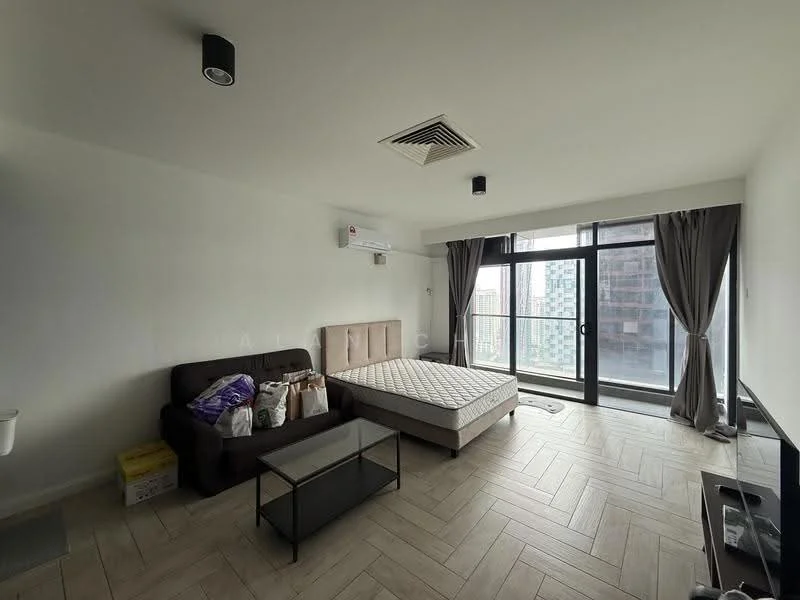 Living features: floor-to-ceiling windows, sliding glass door, grey curtains, 2-seater fabric sofa in brown, queen-size bed with upholstered headboard, glass coffee table, wall-mounted TV, 1 wall-mounted split AC, light fixture on ceiling, wooden flooring with herringbone pattern; style: modern; view: city.