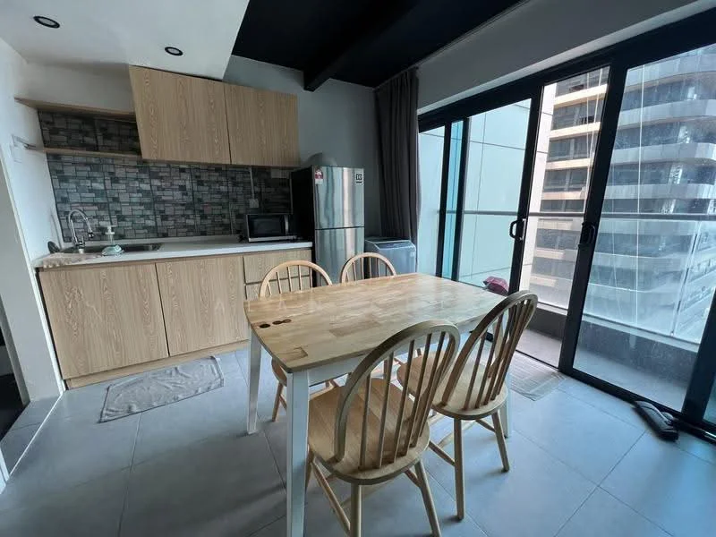 Kitchen features: wooden cabinetry, grey tiled backsplash, stainless-steel fridge, microwave, single-bowl stainless-steel sink, chrome pull-down faucet, wooden dining table, 4 wooden dining chairs, grey tile flooring, floor-to-ceiling windows, curtains, open layout; style: modern; view: city.
