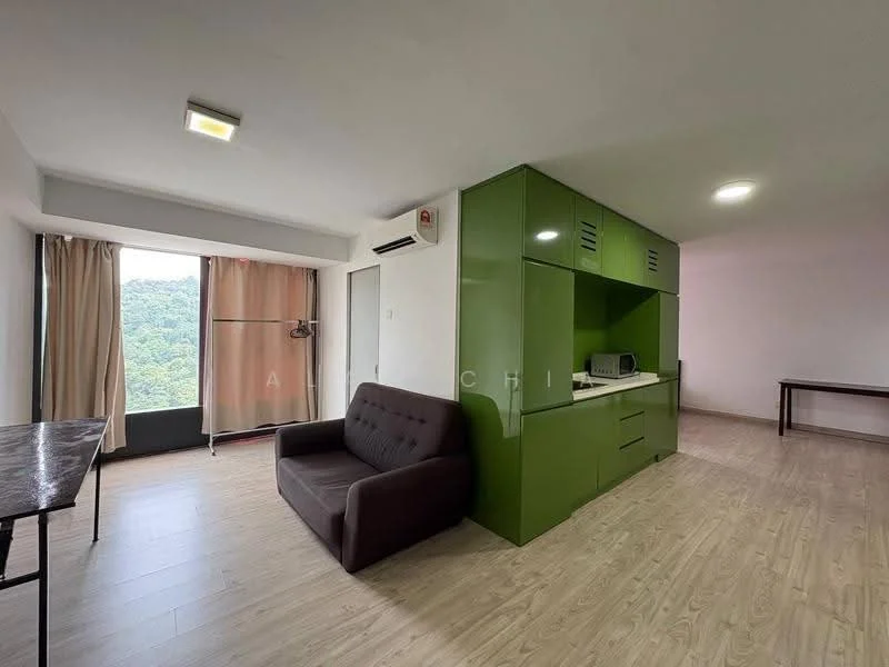 Living features: green cabinetry, open kitchen layout, single-bowl stainless-steel sink, built-in microwave, stainless-steel fridge, 2-seater fabric sofa in dark brown, wooden dining table, floor-to-ceiling windows, curtains, vinyl plank flooring, wall-mounted split AC, recessed downlights; style: modern; view: mountain.
