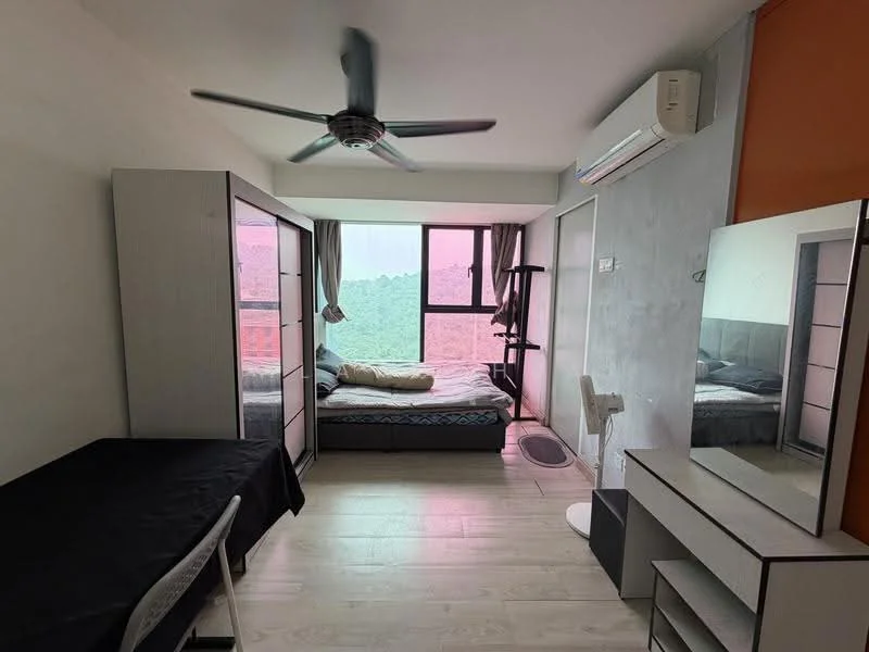 Bedroom features: queen-size bed, upholstered headboard, 2 bedside tables, desk with chair, built-in wardrobe with sliding doors, floor-to-ceiling window, curtains, wall-mounted air conditioning unit, ceiling fan, light-colored wooden flooring, decorative wall with grey texture, mirror on dresser; style: modern; view: city.