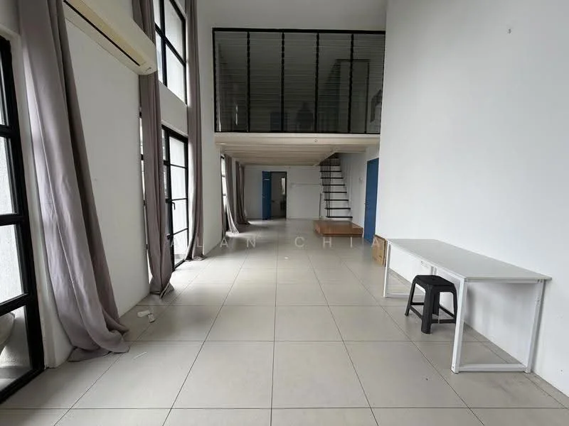Living features: large floor-to-ceiling windows, grey curtains, white walls, light-colored tile flooring, exposed staircase, open loft area, minimalist design, white ceiling, black railing, small black stool, white table; style: minimalist.