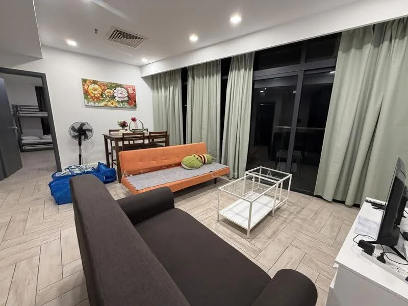 Living features: grey fabric sofa, orange fabric sofa, white coffee table, dining table with four chairs, floor-to-ceiling windows, light green curtains, wooden flooring, ceiling lights, wall-mounted TV, decorative wall art with floral pattern, fan, green area rug; style: modern.