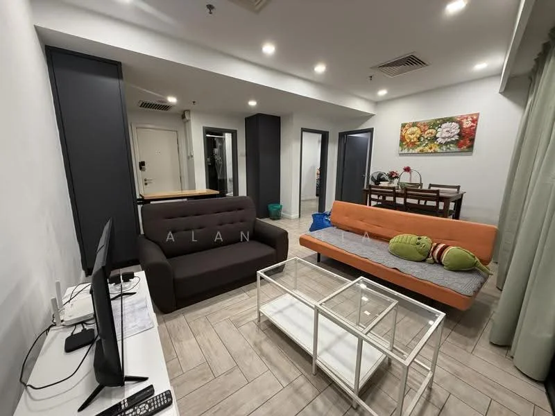Living features: grey fabric 3-seater sofa, orange fabric 2-seater sofa, glass coffee table, TV console, wall-mounted TV, decorative wall art with floral pattern, laminate flooring, recessed downlights, open dining area, dining table with chairs, curtains, air conditioning unit; style: modern.