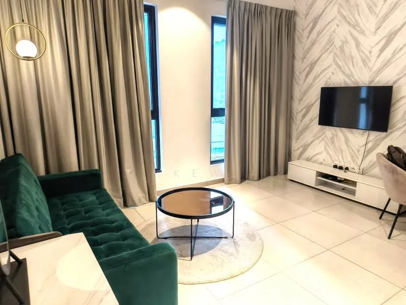 Living features: green velvet sofa, round glass coffee table, white TV console, wall-mounted TV, light grey area rug, floor-to-ceiling windows, sheer curtains, marble accent wall, recessed lighting, decorative wall sconce; style: modern.