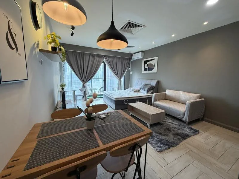 Living features: grey accent wall, white painted walls, wooden flooring, floor-to-ceiling windows, sheer curtains, sofa in light grey fabric, coffee table in light wood, area rug with geometric pattern, dining table with wooden surface and 4 chairs, pendant lighting, recessed downlights, air conditioning unit; style: modern; view: city. Room features: queen-size bed with grey bedding, decorative wall art.