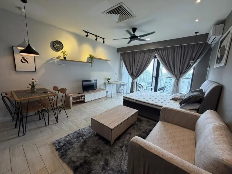 Living features: 3-seater fabric sofa in beige, coffee table in light wood, area rug with geometric pattern, wall-mounted TV, floor-to-ceiling windows, sliding glass door, curtains in grey, ceiling fan with light, recessed downlights, decorative wall clock, shelf with decorative items, dining table for 4 with black chairs; style: modern; view: city.
