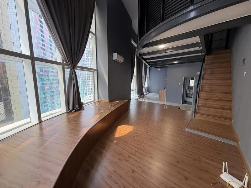 Living features: large floor-to-ceiling windows, wood laminate flooring, grey painted walls, exposed ceiling beams, air conditioning unit, curtains, curved seating area, staircase leading to upper level; style: modern; view: city.