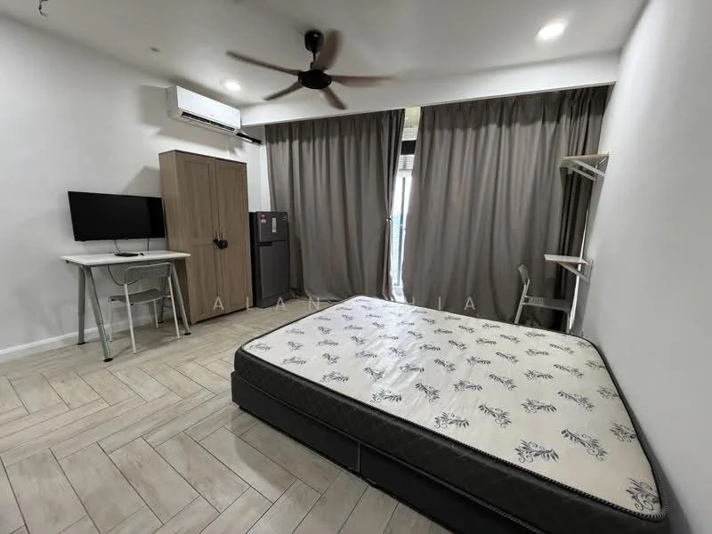 Bedroom features: queen-size bed with floral-patterned mattress, wooden wardrobe with sliding doors, desk with chair, wall-mounted TV, refrigerator, floor-to-ceiling windows, curtains, wooden flooring, 1 wall-mounted split AC, ceiling fan; style: modern.