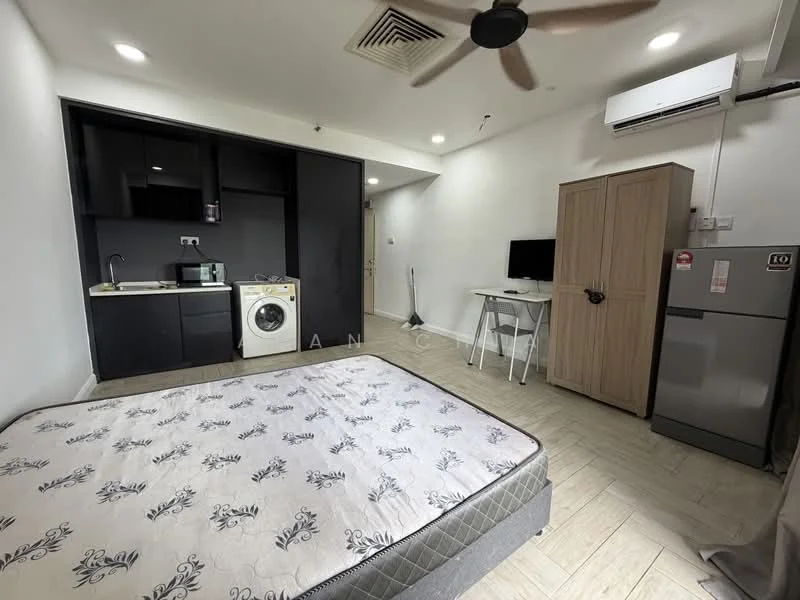 Room features: single bed mattress, wooden wardrobe, white washing machine, black kitchen cabinetry, stainless-steel fridge, wall-mounted TV, study desk, ceiling fan, recessed lighting, tile flooring, air conditioning unit; style: modern.