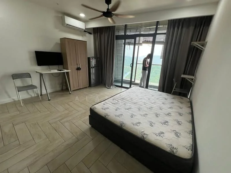 Bedroom features: queen-size bed, upholstered headboard, floor-to-ceiling windows, curtains, wooden flooring, 5-blade ceiling fan, wall-mounted air conditioning unit, study desk, chair, built-in wardrobe, refrigerator, open shelving; style: modern; view: garden.