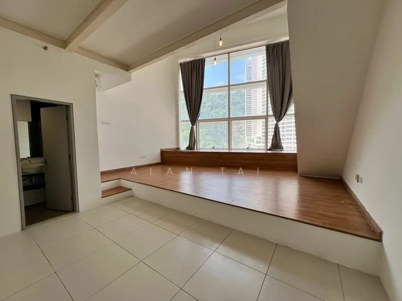 Room features: large windows with city view, wooden flooring, white painted walls, high ceiling with exposed beams, recessed downlights, curtains, step-up platform, tile flooring, open layout; style: modern; view: city.