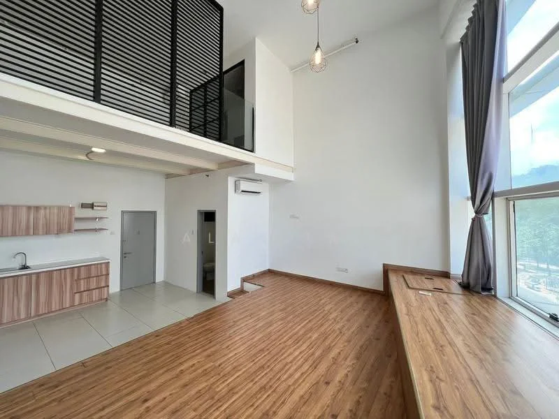 Living features: wood laminate flooring, white painted walls, high ceiling, large floor-to-ceiling windows, grey curtains, open-plan layout, recessed downlights, ceiling fan, built-in desk area, kitchenette with wooden cabinets, stainless-steel sink, countertop with storage; style: modern; view: city.