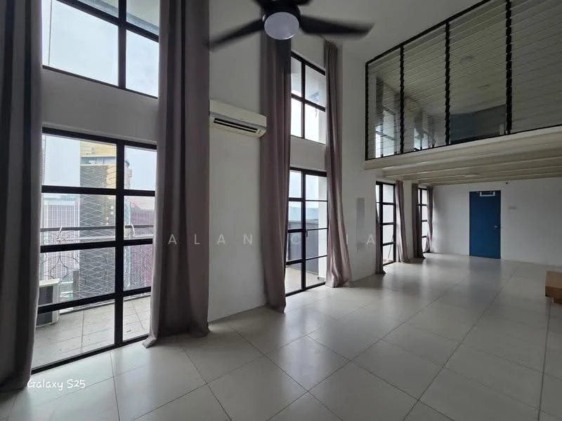 Living features: large floor-to-ceiling windows, grey curtains, white painted walls, tile flooring, 5-blade ceiling fan, wall-mounted split AC, open layout, high ceiling, exposed beams, balcony access, neutral color palette, natural light; style: modern; view: city.