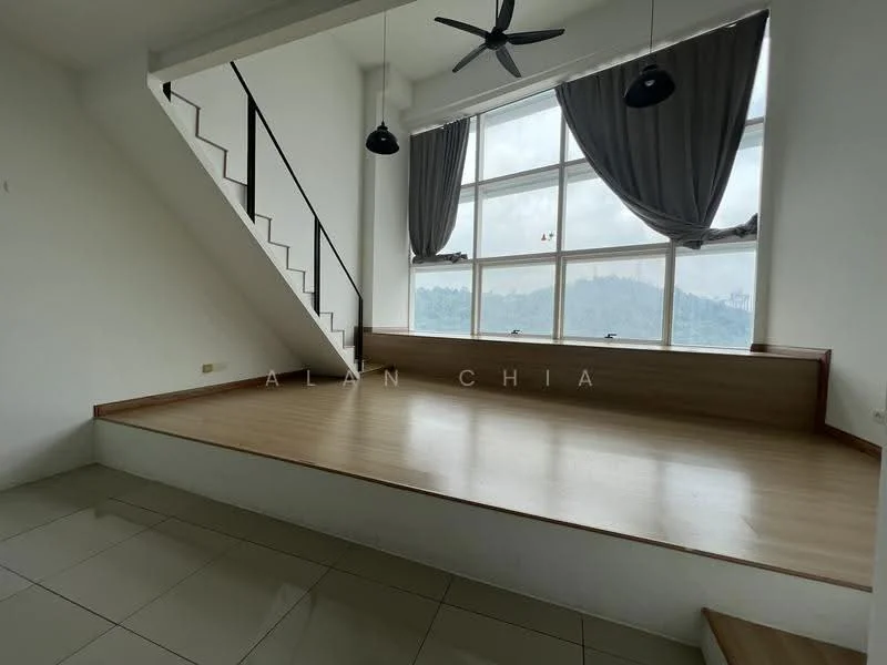 Room features: large floor-to-ceiling windows, grey curtains, wooden platform seating area, white painted walls, laminate flooring, staircase with black railing, recessed lighting, ceiling fan; style: modern; view: city.