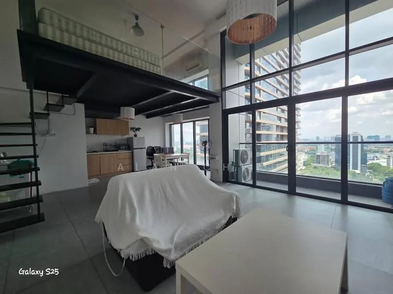 Living features: floor-to-ceiling windows, grey tiled flooring, white sofa with throw blanket, coffee table, open-plan layout, exposed ceiling beams, ceiling fan, city skyline view, wooden shelving unit, dining table with chairs, kitchenette with cabinetry, staircase leading to loft area; style: modern; view: city.