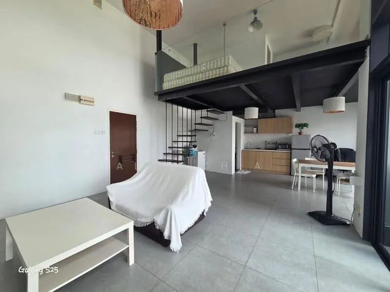 Living features: grey tile flooring, white walls, exposed beams, large windows with city view, sofa covered with white throw, coffee table, ceiling fan, staircase leading to loft area, open-plan layout, dining table with chairs, kitchenette with wooden cabinetry; style: modern; view: city.