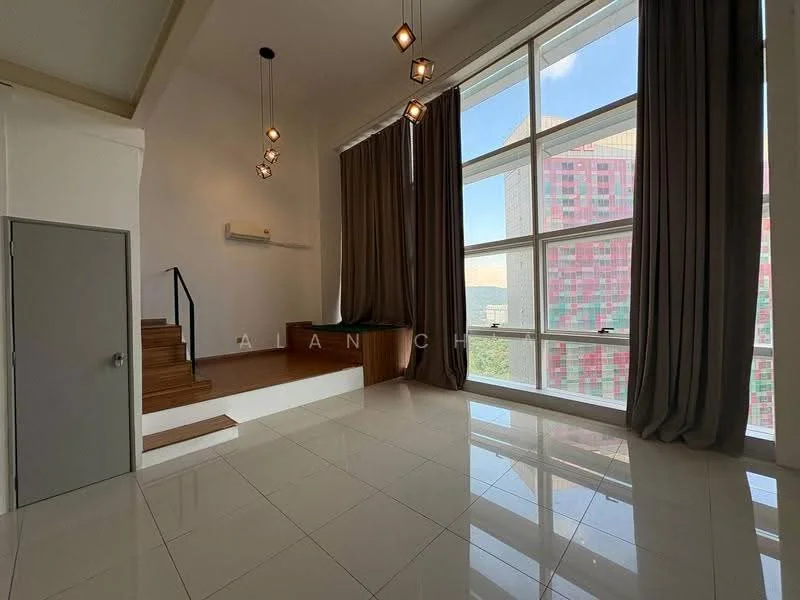 Living features: large floor-to-ceiling windows, white painted walls, polished ceramic tile flooring, wooden staircase, recessed downlights, hanging pendant lights, grey curtains, built-in wooden seating area; style: modern; view: city.