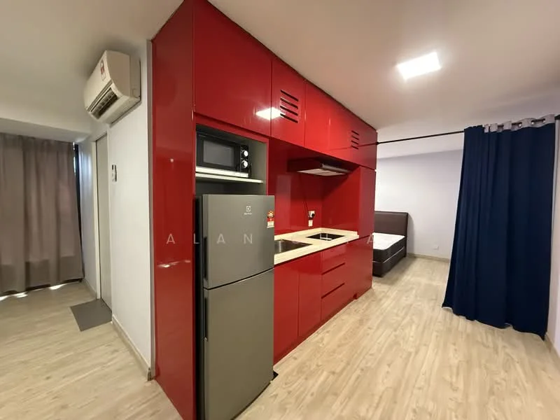 Kitchen features: red cabinetry, stainless-steel fridge, built-in microwave, ceramic cooktop, single-bowl stainless-steel sink, chrome pull-down faucet, light-colored laminate flooring, wall-mounted split AC, recessed LED downlights; style: modern. Room features: bed with headboard, curtains, light-colored walls, wooden flooring.