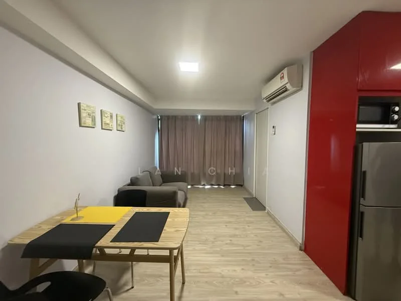 Living features: grey fabric sofa, wooden dining table, black placemats, light wood flooring, air conditioning unit, red kitchen cabinetry, stainless-steel fridge, floor-to-ceiling windows with sheer curtains, neutral painted walls, decorative wall art; style: modern.
