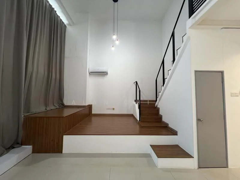 Living features: wooden flooring, white painted walls, dropped ceiling with pendant lights, 1 wall-mounted split AC, large grey curtains, staircase with wooden steps, wooden platform area, metal railing; style: modern.
