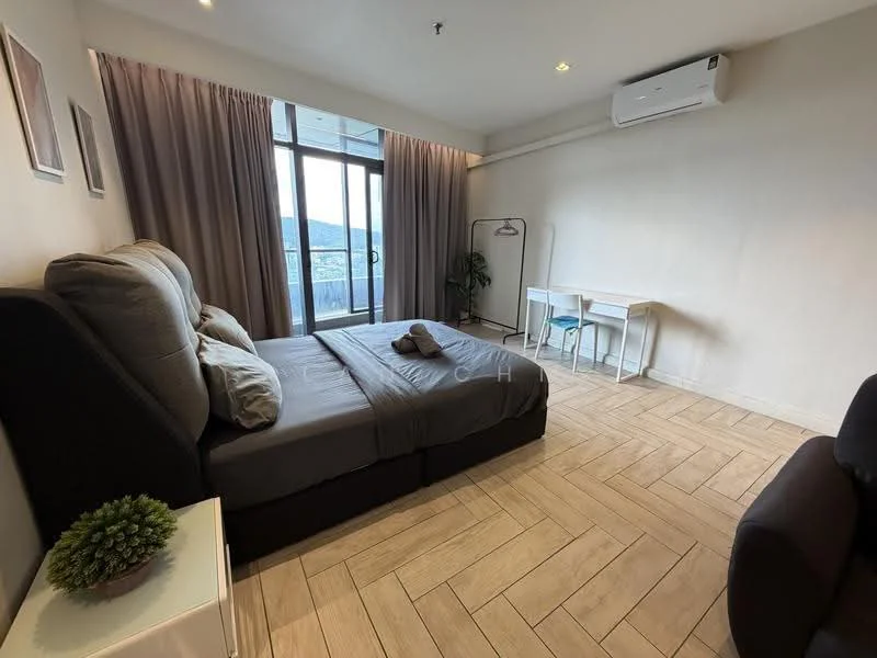 Bedroom features: king-size bed with grey upholstered headboard, grey bedding, 2 bedside towels, floor-to-ceiling windows, curtains, wooden flooring, air conditioning unit, study desk with 2 chairs, plant in ceramic pot, wall-mounted mirror, decorative wall art; style: modern; view: mountain.