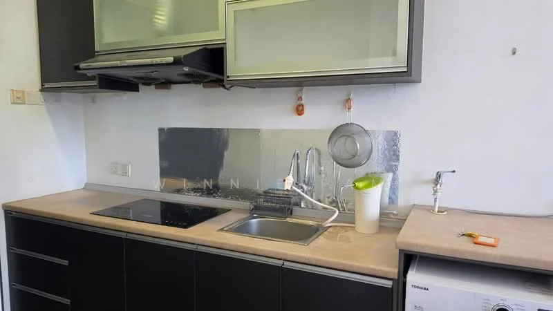 Kitchen features: black cabinetry, light-colored countertop, built-in induction cooktop, stainless-steel backsplash, single-bowl stainless-steel sink, chrome faucet, under-cabinet lighting, microwave, kitchen appliances, open shelving; style: modern.