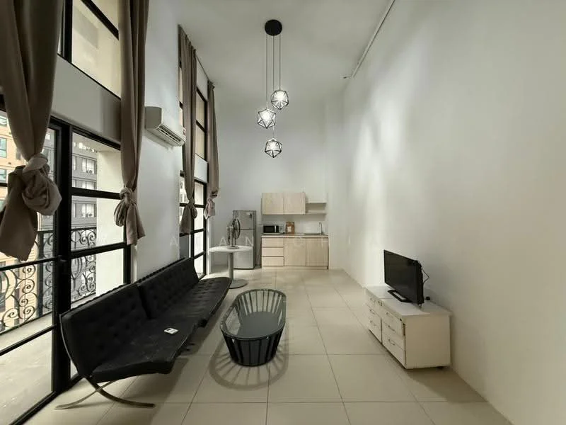 Living features: black fabric sofa, glass coffee table, white TV console, wall-mounted TV, pendant lighting with geometric design, floor-to-ceiling windows, curtains, air conditioning unit, light-colored tiled flooring, kitchenette with wooden cabinetry, microwave, kettle; style: modern.