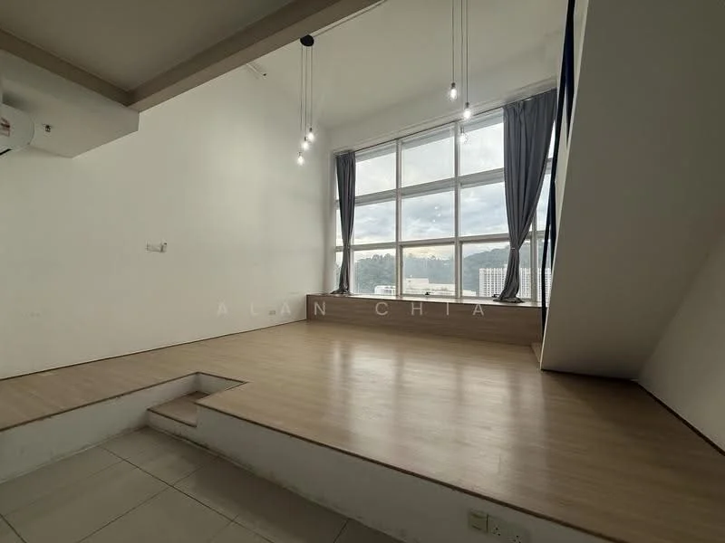 Living features: large floor-to-ceiling windows, wooden flooring, white painted walls, recessed downlights, grey curtains, raised platform area, open layout, city view; style: modern; view: city.
