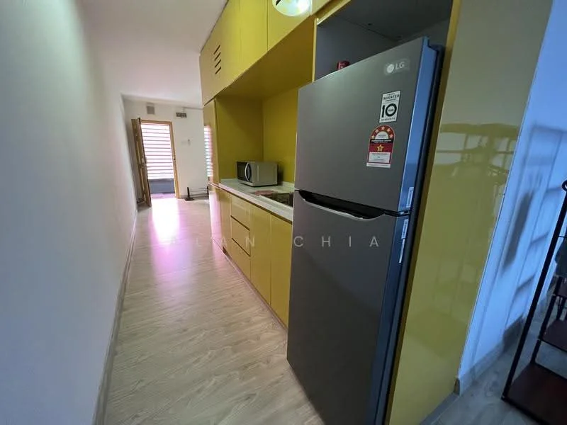 Kitchen features: yellow cabinetry, stainless-steel fridge, built-in microwave, single-bowl stainless-steel sink, chrome pull-down faucet, laminate countertop, wood-look vinyl flooring, wall-mounted cabinets, open shelving, recessed lighting; style: modern.