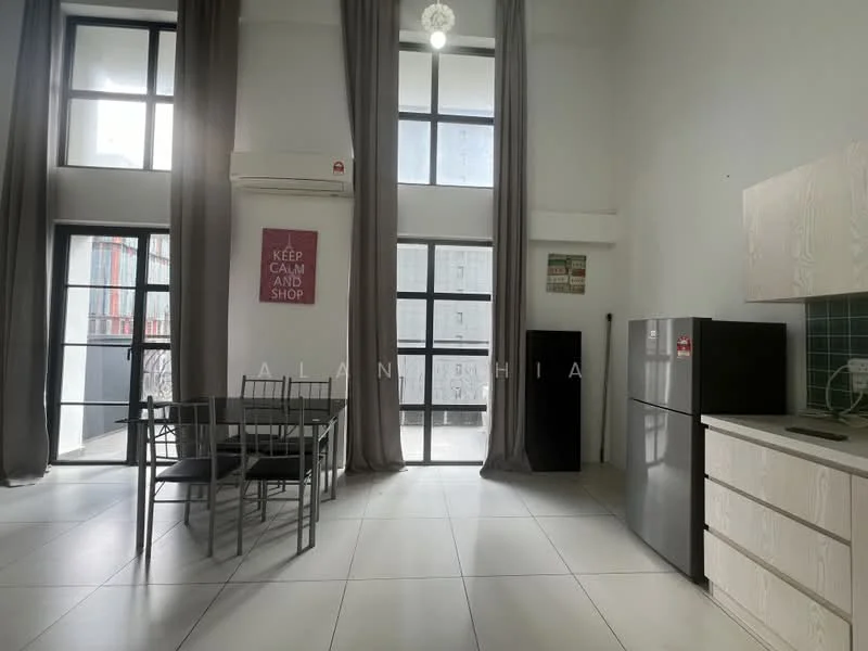 Living features: white painted walls, high ceilings, large windows, grey curtains, tile flooring, dining table with four chairs, stainless-steel fridge, white cabinetry, green backsplash, air conditioning unit, decorative wall art; style: modern; view: city.