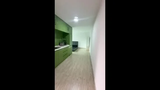 Kitchen features: green cabinetry, white countertop, stainless-steel sink, built-in oven, ceramic tile backsplash, laminate flooring, recessed downlights, wall-mounted cabinets, open shelving; style: modern.