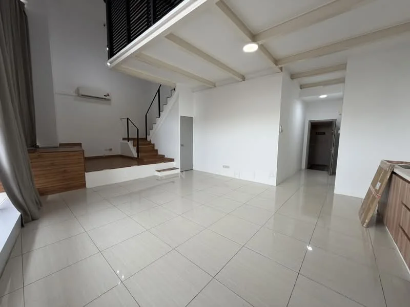 Living features: white painted walls, polished ceramic tile flooring, exposed beam ceiling, large windows with sheer curtains, air conditioning unit on wall, staircase leading to upper floor, wooden feature wall, doorway leading to hallway; style: modern.
