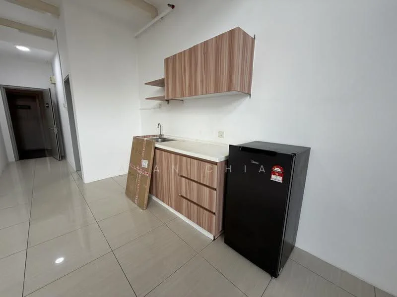 Kitchen features: laminate cabinetry in light wood finish, single-bowl stainless-steel sink, chrome pull-down faucet, black fridge, open shelving above countertop, countertop with tile backsplash, ceramic tile flooring, recessed downlights; style: modern.