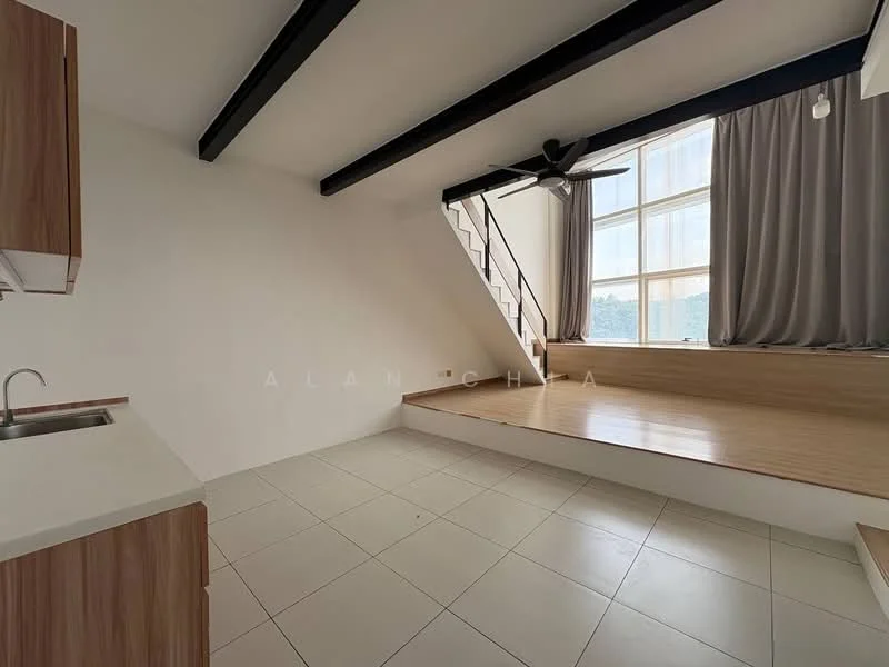 Living features: wooden flooring, white painted walls, exposed beams, large floor-to-ceiling windows, grey curtains, ceiling fan, open layout, staircase leading to upper level, built-in seating area; style: modern; view: mountain. Kitchen features: single-bowl stainless-steel sink, wood cabinetry, countertop, tile flooring; style: modern.
