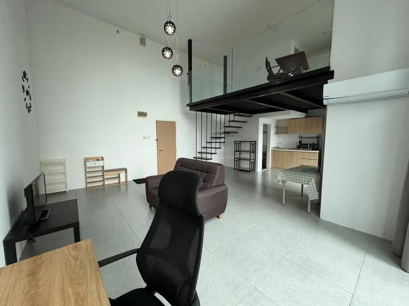 Living features: grey fabric sofa, wooden coffee table, TV console, wall-mounted TV, recessed downlights, large windows, open-plan layout, grey tile flooring, air conditioning unit, decorative wall art, black metal staircase, loft area above; style: modern. Kitchen features: wood cabinetry, stainless-steel appliances, kitchen island, open shelving, grey tile backsplash; style: modern.