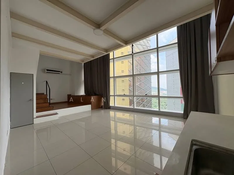 Living features: large floor-to-ceiling windows, grey curtains, white painted walls, exposed wooden beams on ceiling, polished ceramic tile flooring, air conditioning unit, wooden staircase, built-in cabinetry, open layout, natural light, view of surrounding buildings; style: modern; view: city.