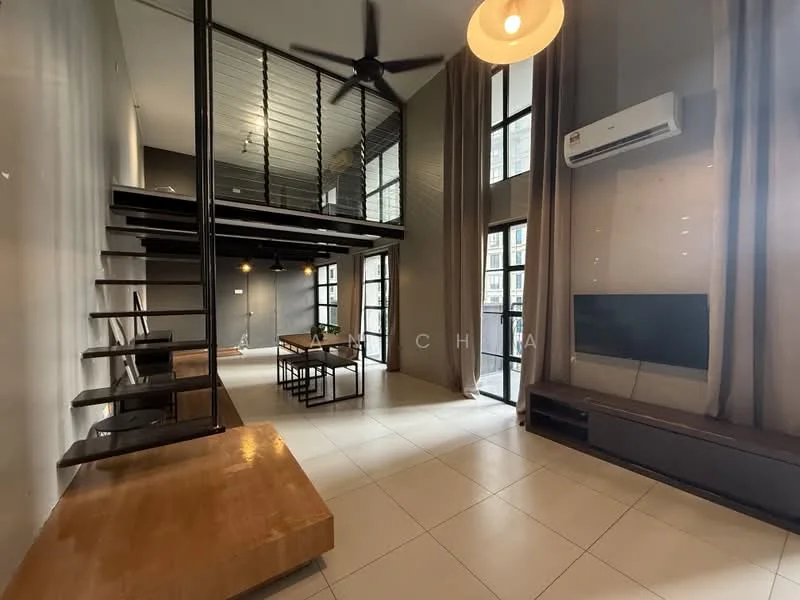 Living features: 5-blade ceiling fan, floor-to-ceiling windows, sliding glass doors, grey painted walls, white tiled flooring, wooden bench, TV console, wall-mounted TV, recessed lighting, dining table, open staircase, curtains, exposed beams; style: modern; view: city.