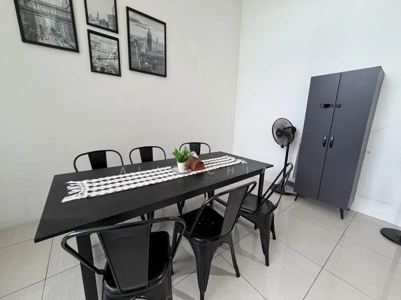 Dining features: black rectangular dining table, 6 black metal dining chairs, white table runner, decorative plant in ceramic pot, framed black-and-white wall art, grey storage cabinet, floor fan, glossy tile flooring, white painted walls; style: modern.