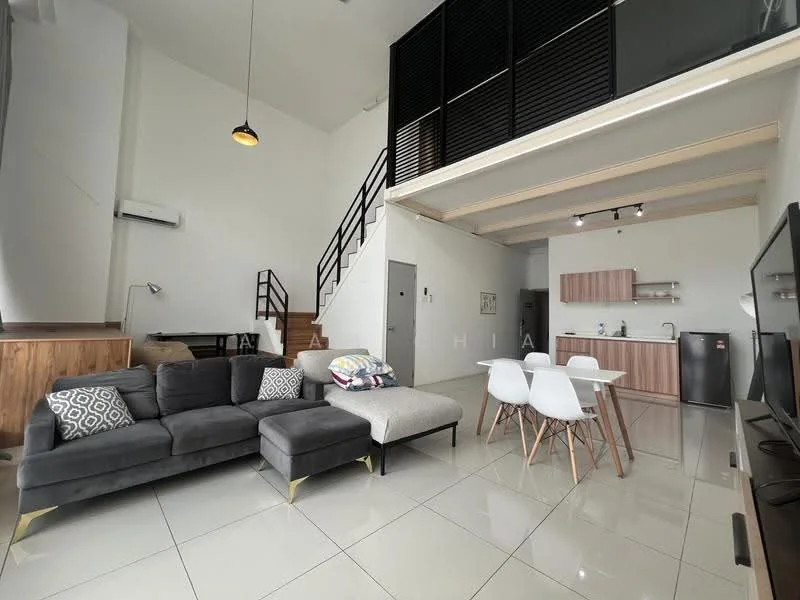Living features: grey fabric sofa with gold legs, coffee table, wall-mounted TV, TV console, area rug, 5-blade ceiling fan with light, white tiled flooring, high ceiling, open-plan layout, large windows, air conditioning unit; style: modern. Dining features: white dining table, 4 white dining chairs, wooden cabinetry, kitchenette with stainless-steel fridge, built-in kitchen cabinets, countertop, sink; style: modern.